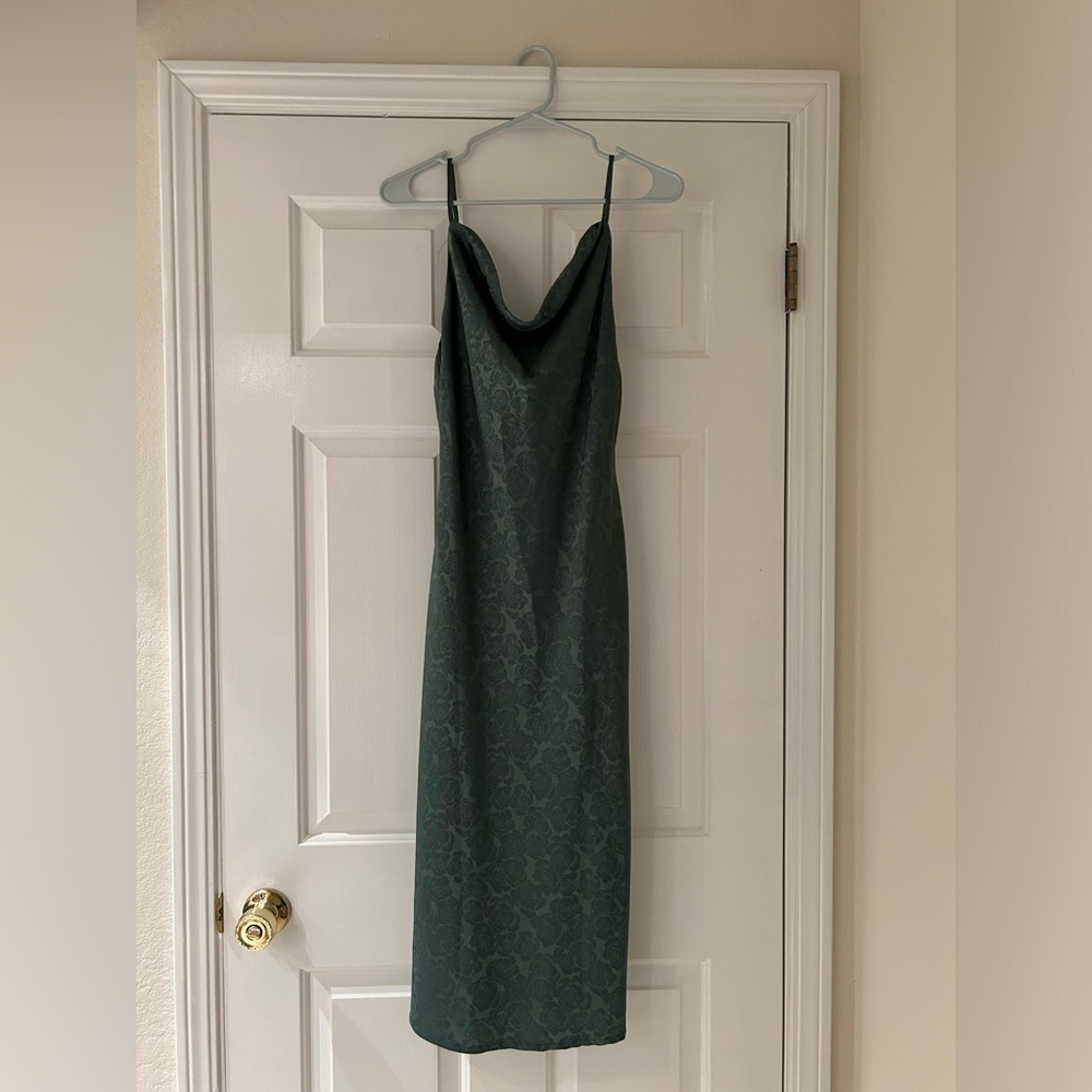 You're My Type Sage Green Satin Jacquard Midi Slip Dress
